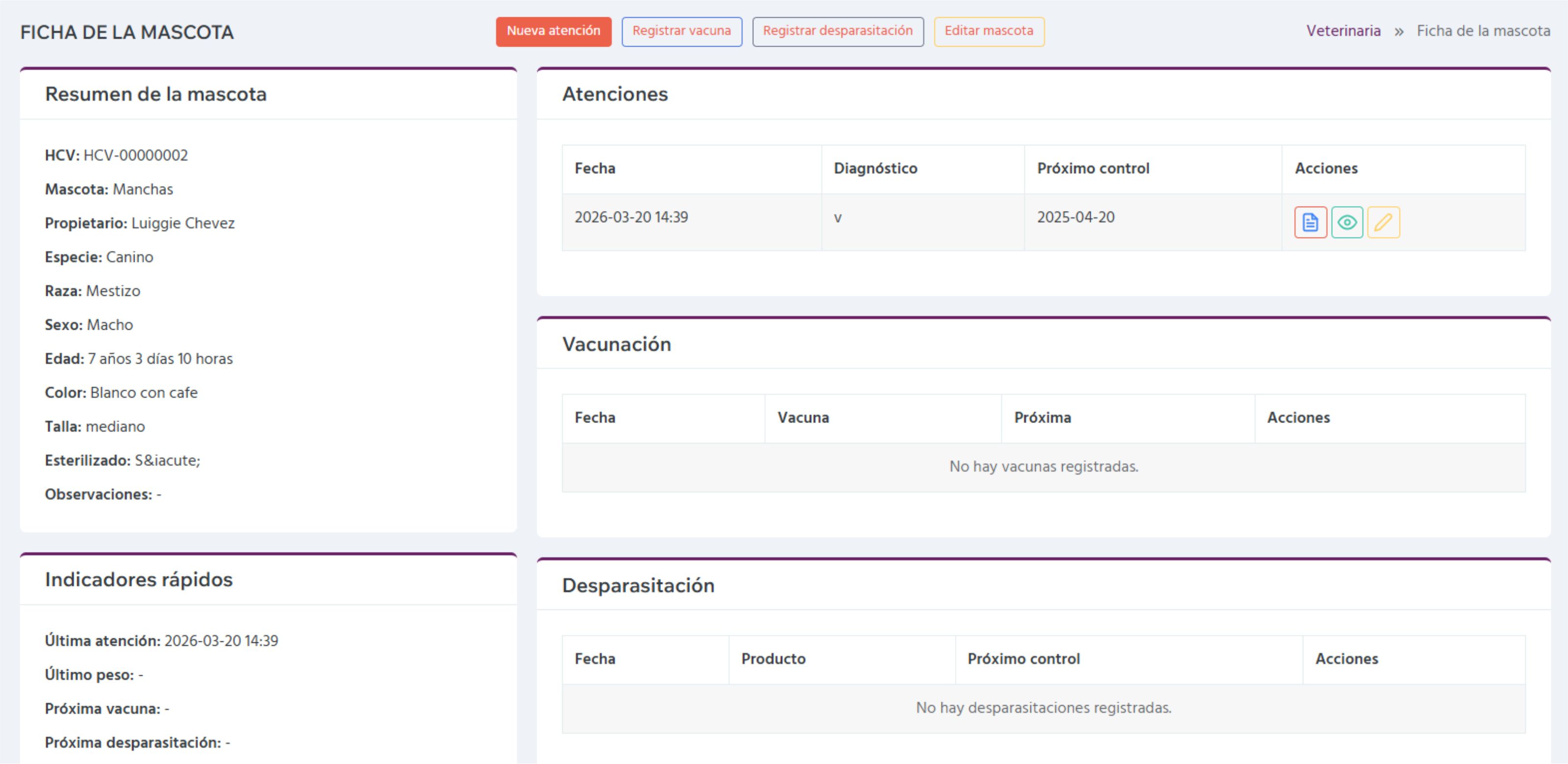 Screenshot principal de Veterinaria